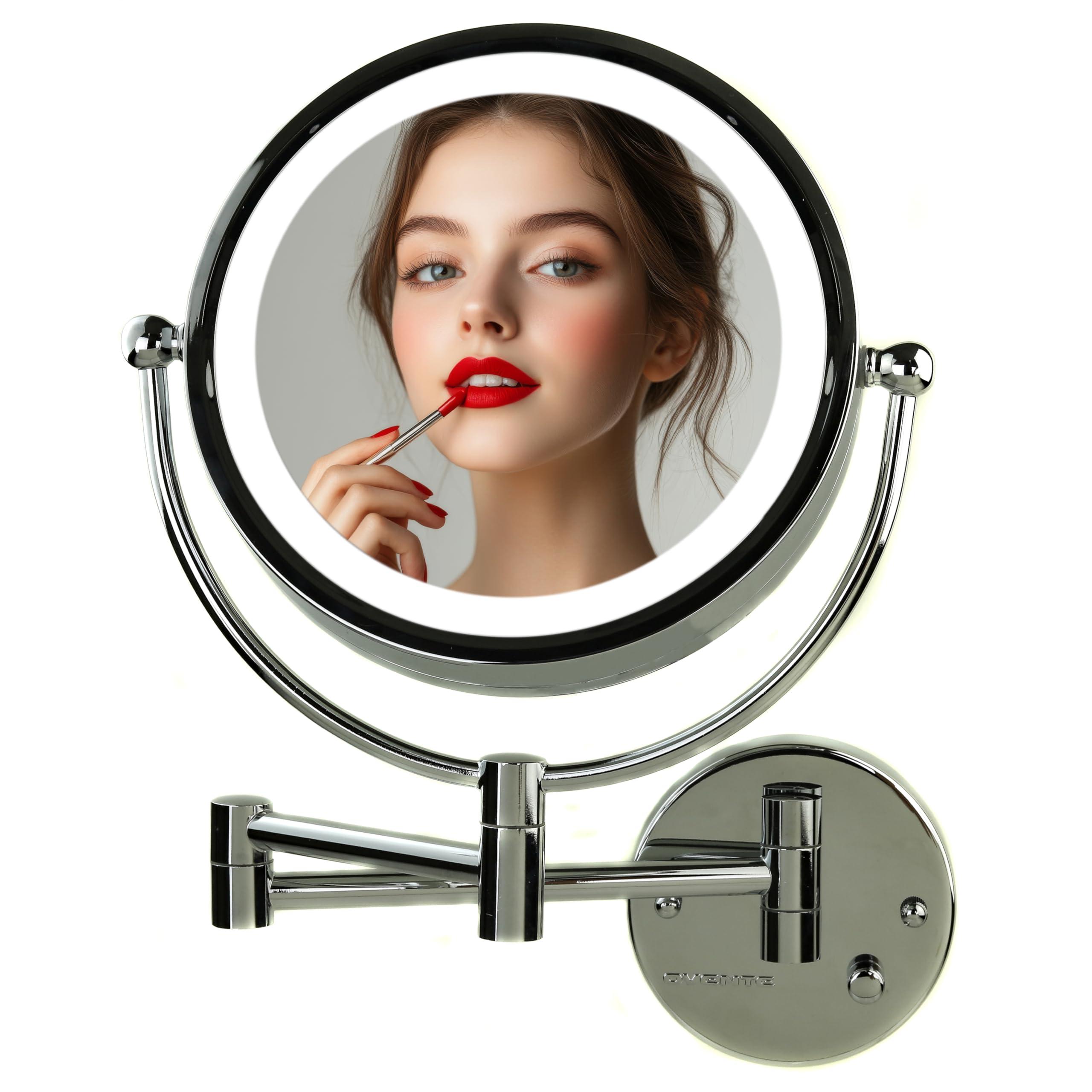 OVENTE OVENTE 9\" Lighted Wall Mount Makeup Mirror with 1X/7X Magnification, Double Sided Magnifying Vanity Mirror, LED Glow Light, 360 Swivel Design, Extendable & Folding Arm, Polished Chrome MPWD3185CH1X7X