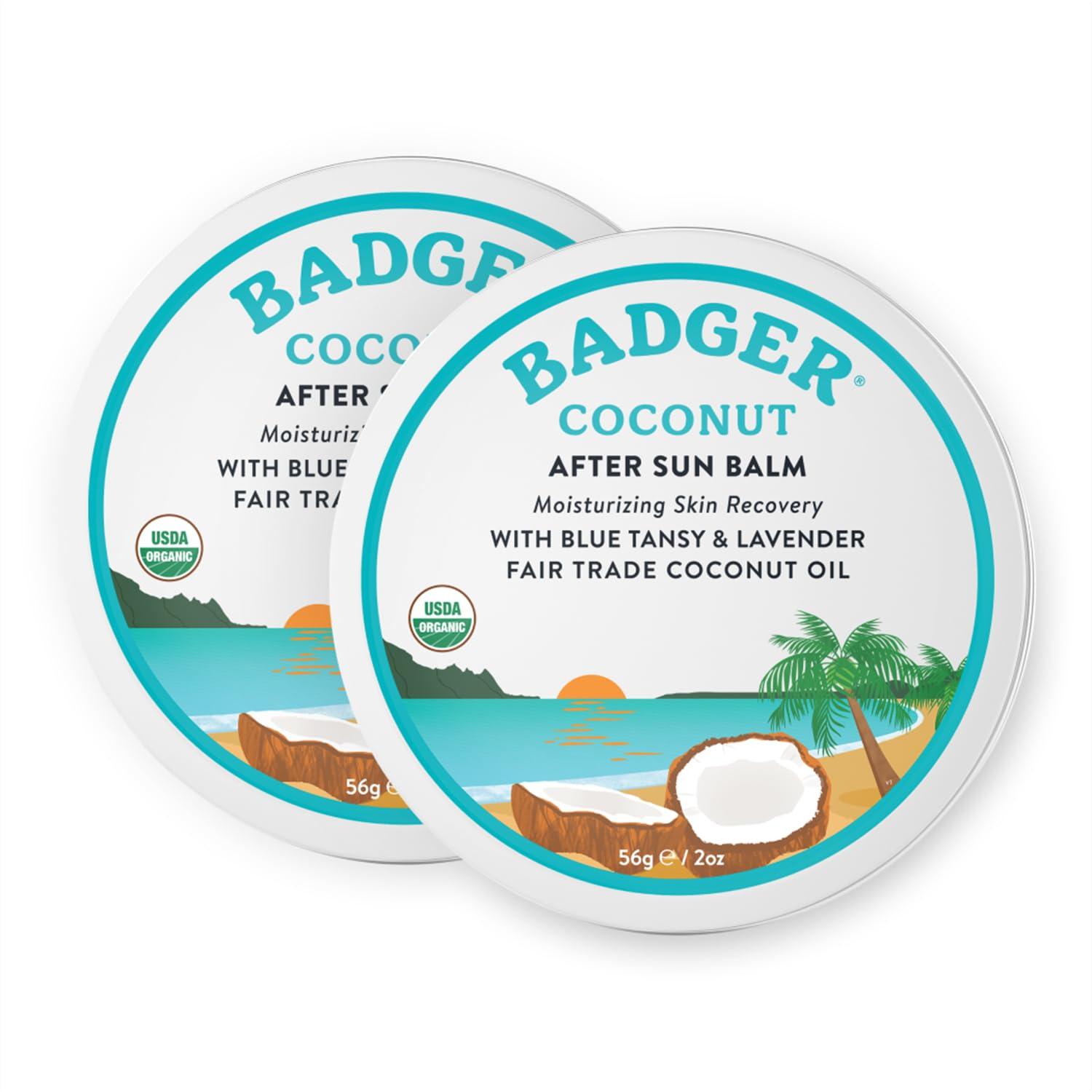 Badger Badger Coconut After Sun Balm with Organic Cocoa Butter & Shea Butter, Rescue Balm, Soothing & Cooling Balm for Tight Dry Skin After Sun Exposure, 2 oz (2 Pack)