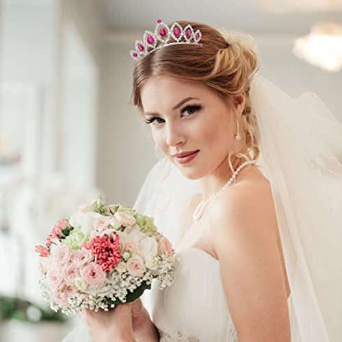 Kilshye Kilshye Princess Tiaras Comb Wedding Crown Combs Red Crytal Tiara Birthday Prom Crowns Headpiece for Women and Girls (Pink)