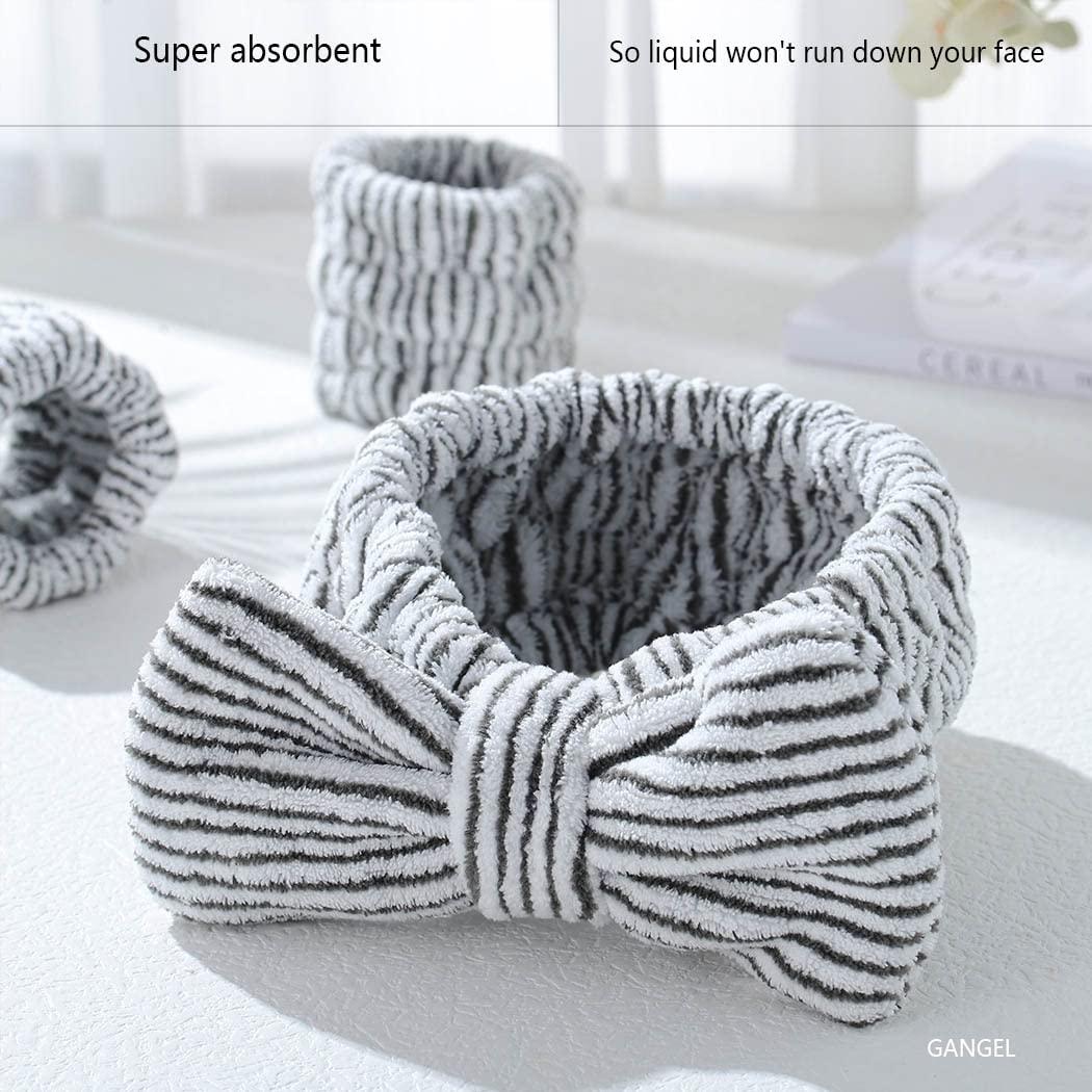 Gangel Gangel Cute Bow-Knot Spa Headband and Wrist Bands Set Fuzzy Elastic Makeup Headband Soft Coral Velvet Face Hair Band Washing Face Stripe Bow Skin Care Headbands Charcoal Facial Head Wraps for Women