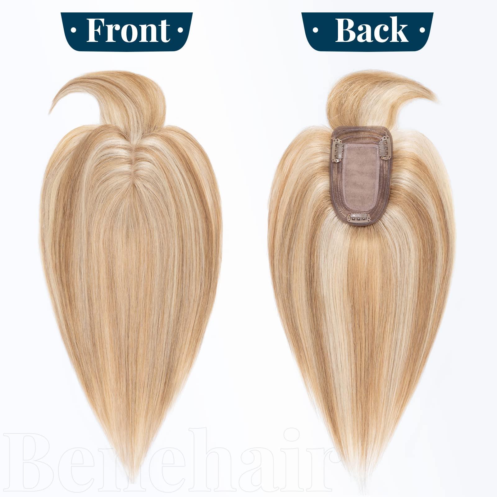 Benehair Benehair Clip in Hair Topper with Bangs Secret Topper Wiglet 100% Human Hair Clip in Top Hairpieces Fringe Bang Replacement Wiglet for Womem with Thinning Hair #27 Dark Blonde 10inch 33g