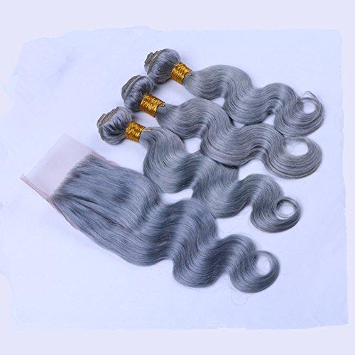 Ruma Hair Ruma Hair Pure Grey Hair Weave 3 Bundles With 4x4'' Lace Closure Silver Grey Body Wave Wavy Virgin Human Hair Extensions With Free Part Top Closures Piece (12 with 14 16 18)