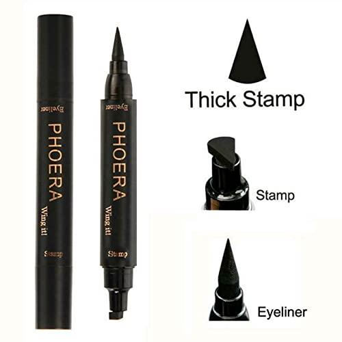Phoera Phoera 2 in 1 Wing Cat Eye Liner + Stamp Winged Long Lasting Liquid Eye Liner Waterproof & Smudge proof Makeup Black Eyeliner Pen Winged Eyeliner Pencil - AQUAPURITY (THICK STAMP EYELINER)