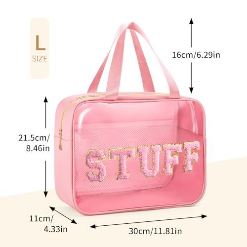 Glitzcharm Glitzcharm Clear Makeup Bag Transparent Cosmetic Bag Organizer for Women Waterproof Travel Toiletry Bag Portable Make up Bag with Chenille Letter, Large, Pink