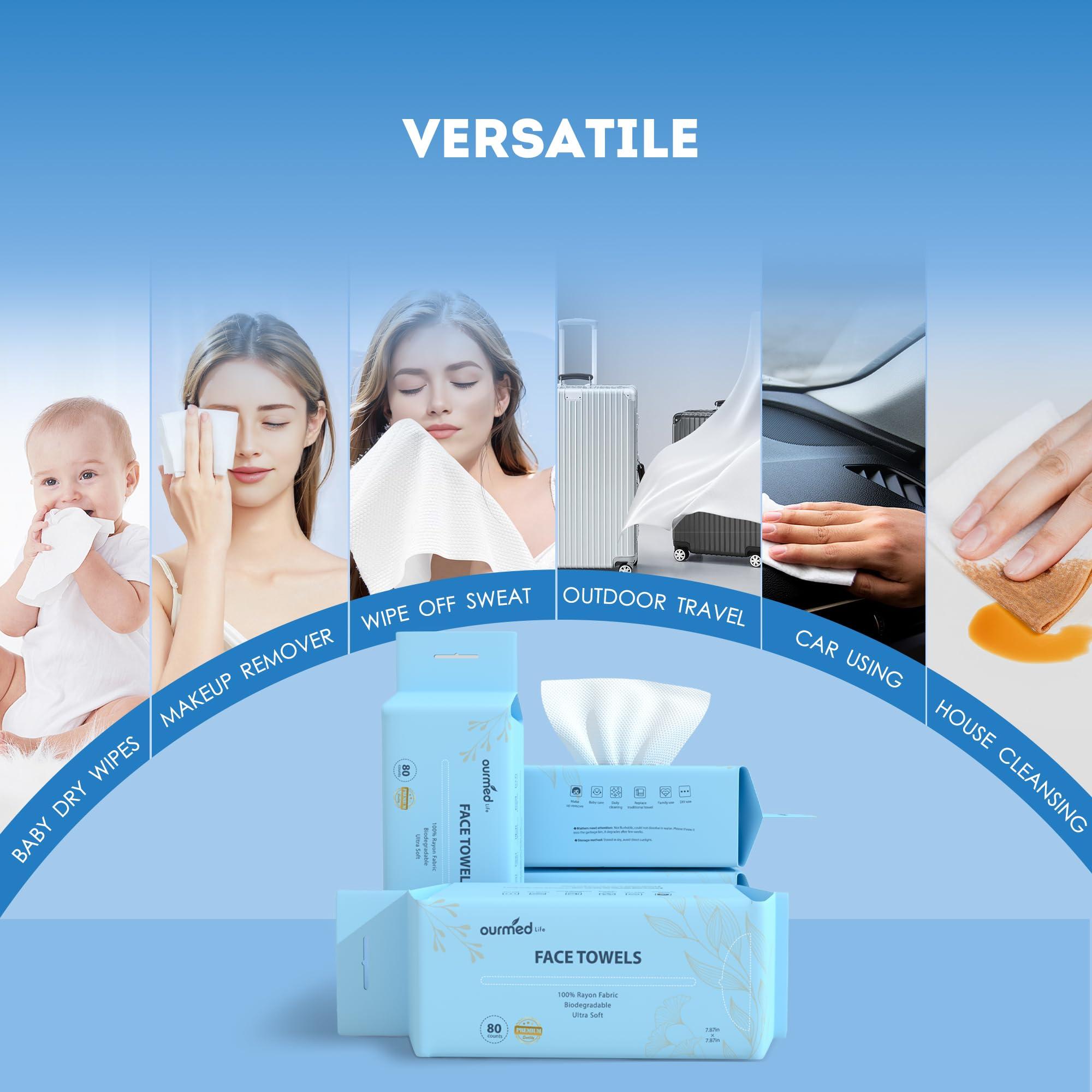 ourmed life Ourmed Life Face Towels - Ultra Thick Versatile Disposable Biodegradable face towel for Sensitive Skin | Lint-Free Facial Tissue for Cleansing, Skincare, Makeup Removal & Dry Wipes, 240 Count