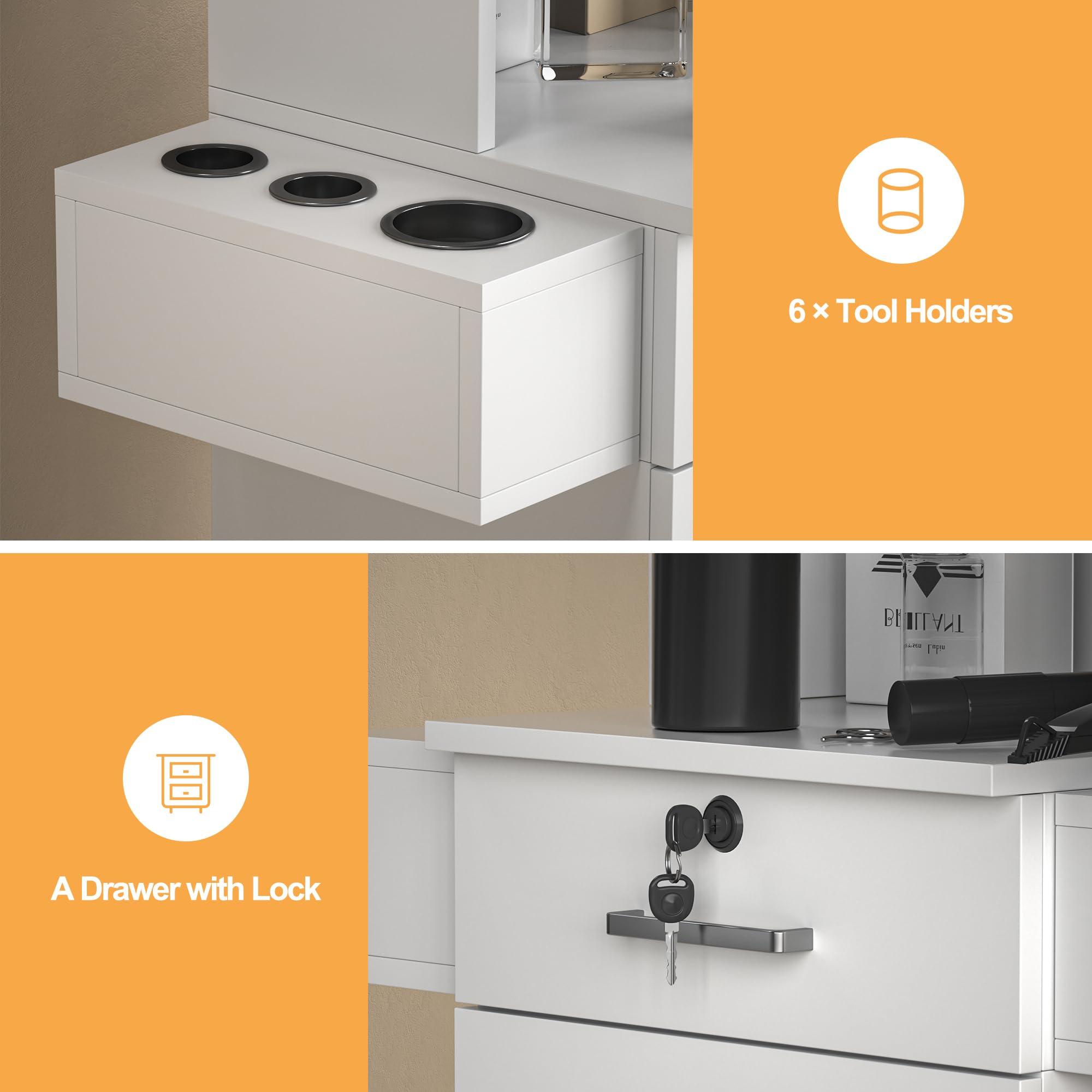 TOVRON TOVRON White Barber Salon Work Station for Hair Stylist Home Beauty Salon Equipment Barber Supplies Organizer Cabinet 70 Inch Barbershop Furniture