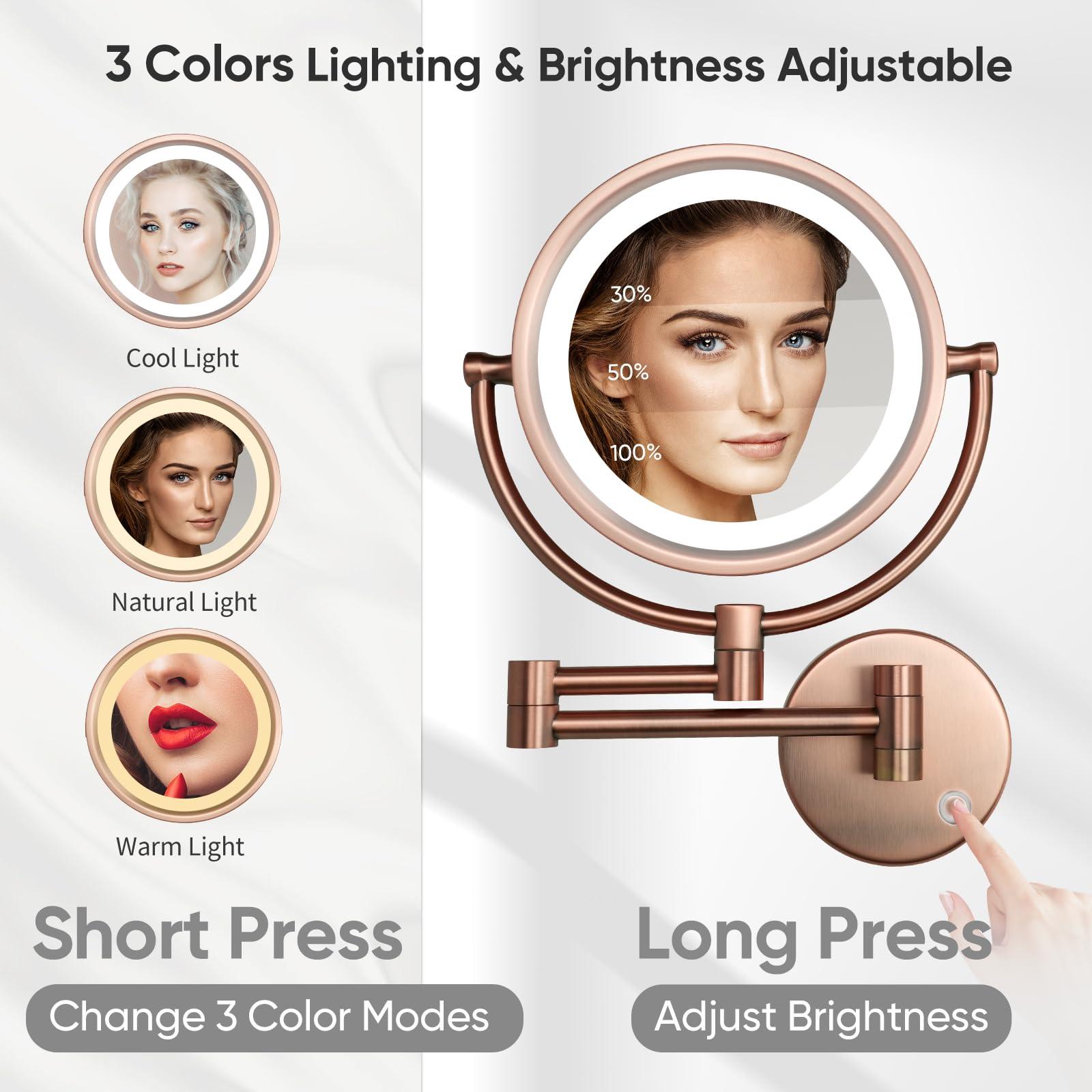 GURUN GURUN Wall Mounted Hardwired Makeup Mirror with 3 Tones Dimmable LED Lights 10x Magnifying Mirror with Touch Control for Bathroom Bedroom 13\" Extendable Arm M1809DB-9x10MR-T(10x,Matte Rose Gold)