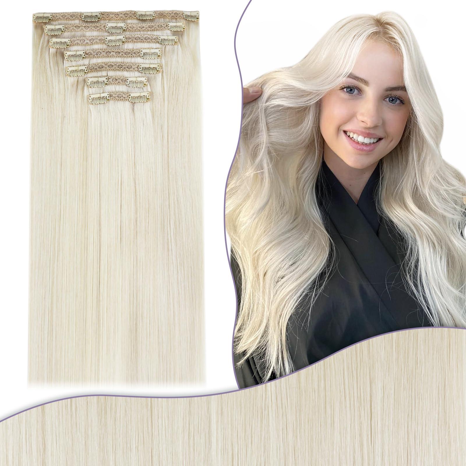 Fshine Fshine White Blonde Clip in Hair Extensions Human Hair 18 Inch Icy Blonde Remy Hair Extensions Clip in Remy Hair Clip in Human Hair Extensions Full Head 7pcs 135 Gram