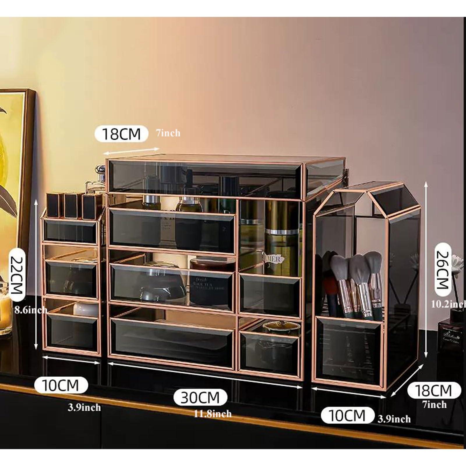 WAOCEO Makeup Organiser Storage Large Capacity Glass Makeup Organizer Storage Box, Luxury Make Up Case Dustproof Cosmetic Storage Display Box, Skin Care Products Jewelry Organizer Finishing Box Bathroom Desk