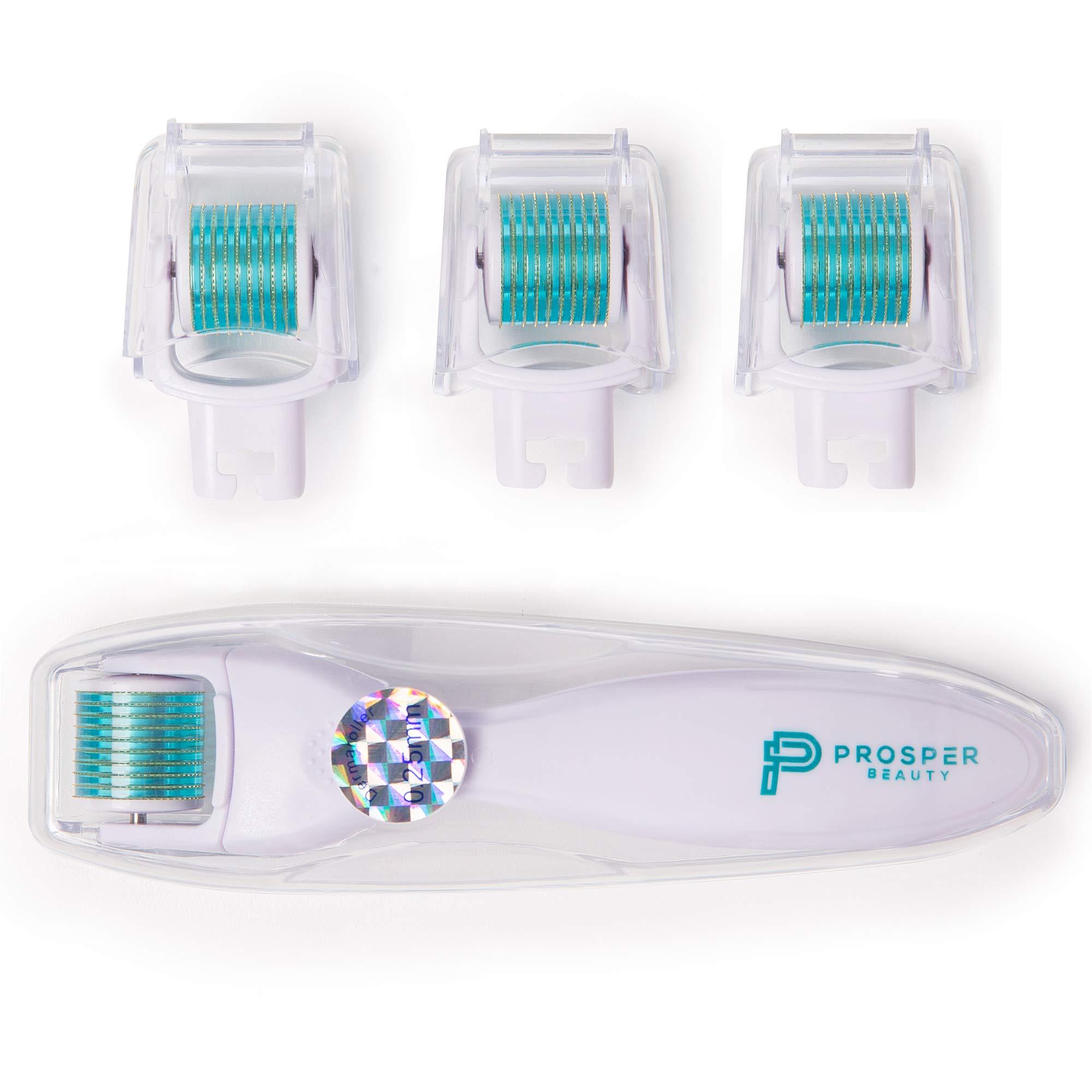 Prosper Beauty Derma Roller Microneedle 6 Piece Kit [DERMAROLL by Prosper Beauty] Face Roller with 4 Replaceable Heads Exfoliation Microdermabrasion Micro Derma Skin Care Tool Dermaplaning Microneedling