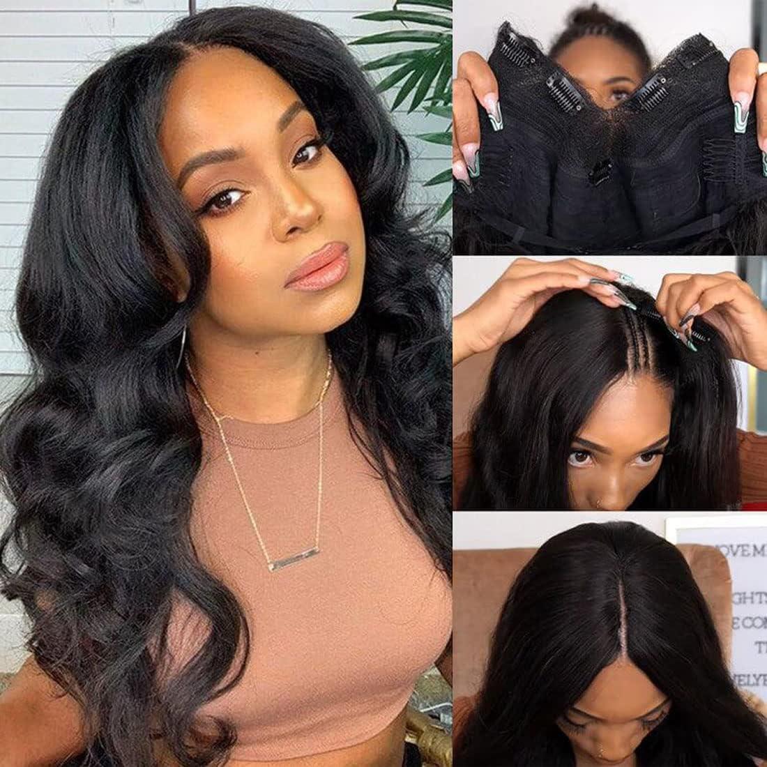Julia Hair Julia Hair V Part Human Hair Wig Kinky Straight for Women Glueless Wigs Brazilian Virgin Human Hair Wigs Upgrade Upart Wig No Leave Out No Glue No Sew Natural Black Beginner Friendly 16 Inch