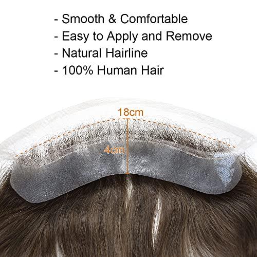 Generic French Lace Front Mens Frontal Hairpiece for Receding Hairline V-Shape Thin Skin Poly Pu Forehead Replacement Natural Human Hair System for Men (4cmX18cm-90% Light Density, 1 Jet Black)