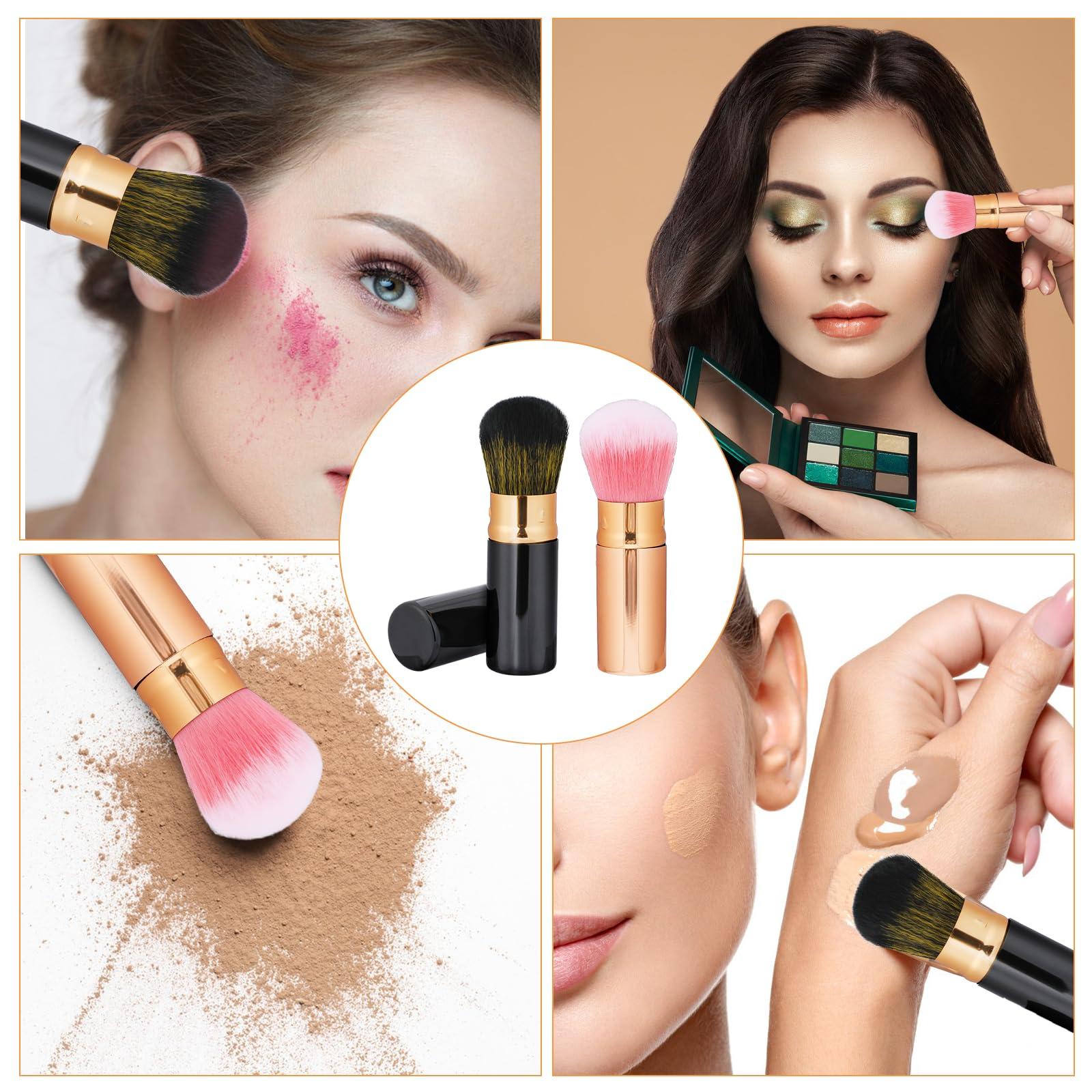 Mozeat Lens Retractable Blusher Brush with Cover, 2 Pack Travel Kabuki Bronzer Makeup Brush Liquid Cream Foundation Powder Brush Extensible Face Blender Brush Professional Concealer Brush for Women (Gold & Black)