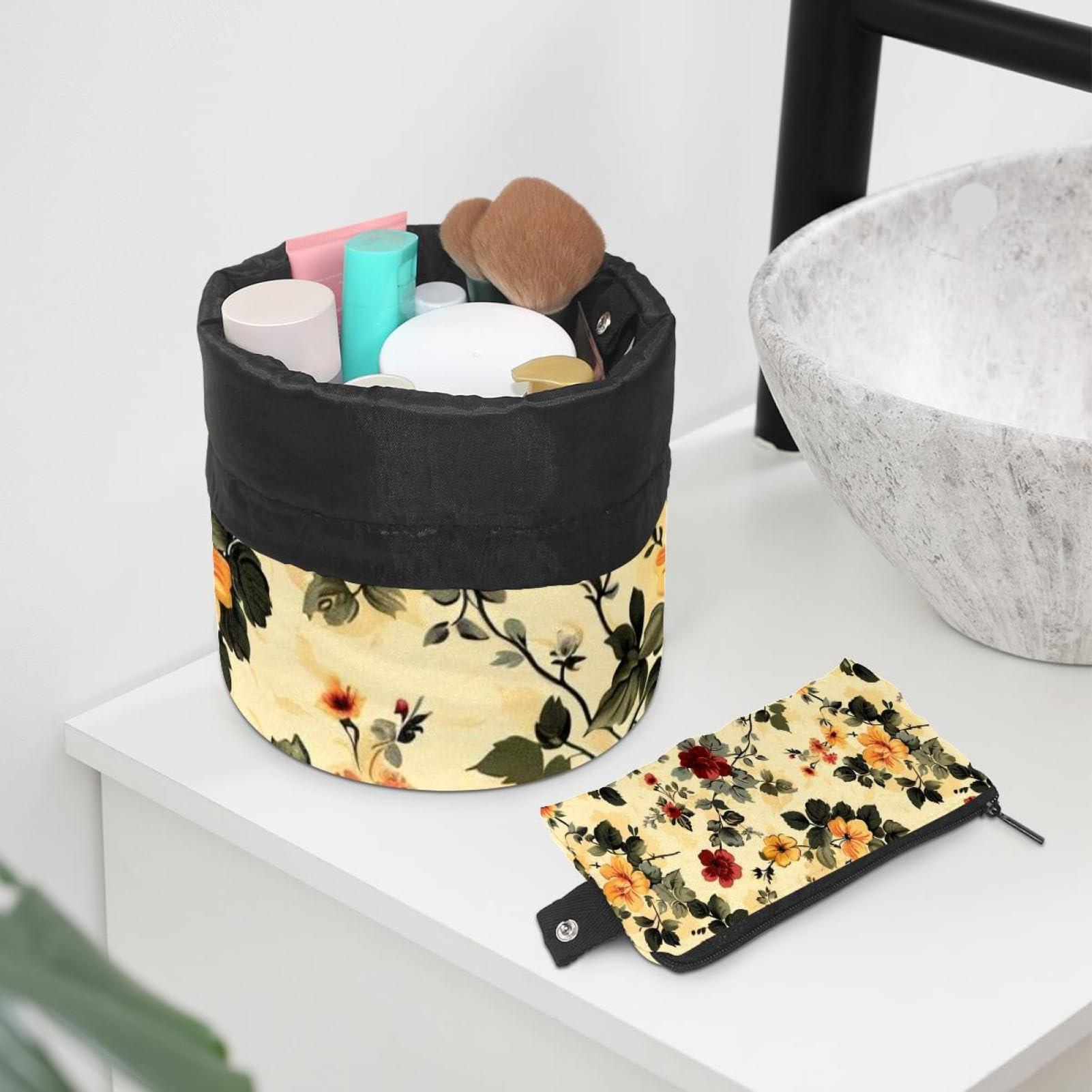 LSHDNG Drawstring Travel Cosmetic Bags Barrel Makeup Bag, Retro Small Floral Large Toiletry Organizer Waterproof for Women