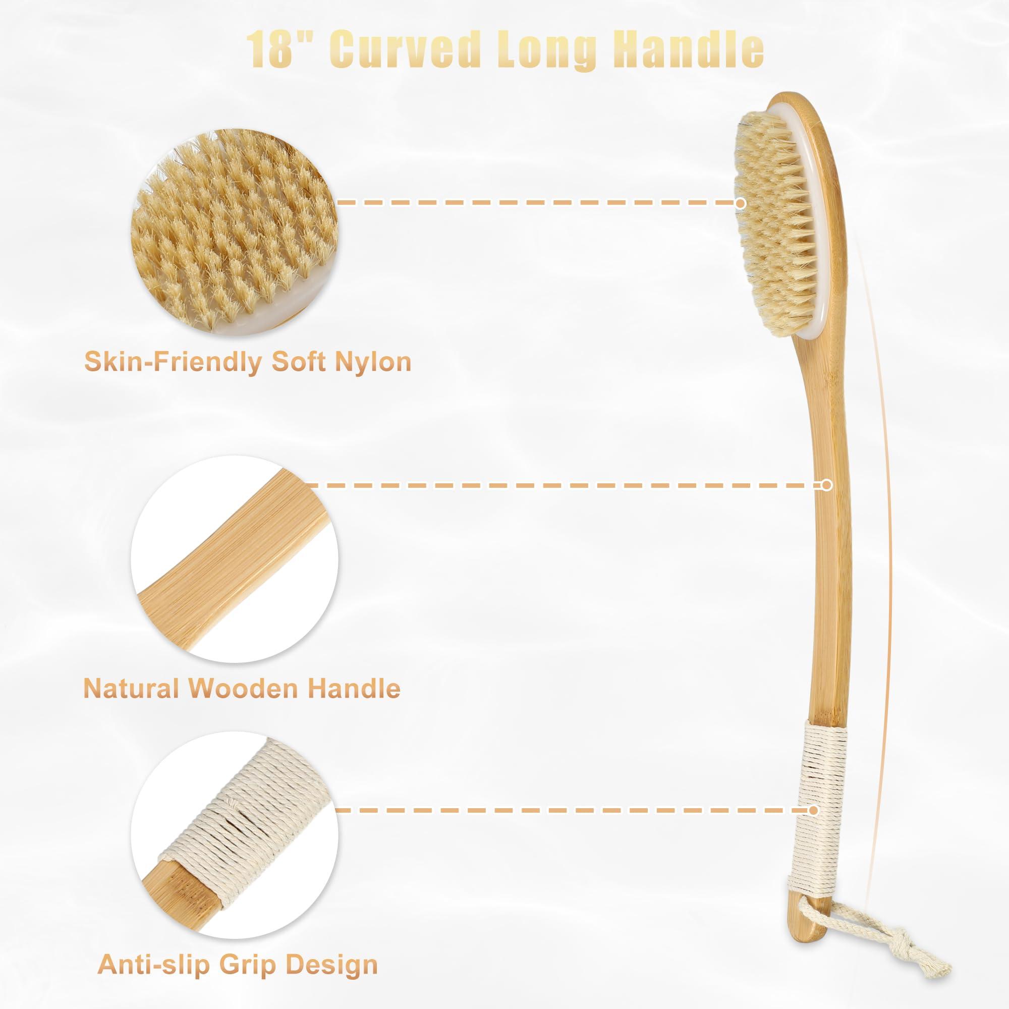 VOCOSTE VOCOSTE Boar Bristle Dry Brushing Body Brush, 18inch Bath Brush Curved Long Handle for Shower, Wooden Body Brush for Showering and Exfoliating, Body Scrubber for Men Women