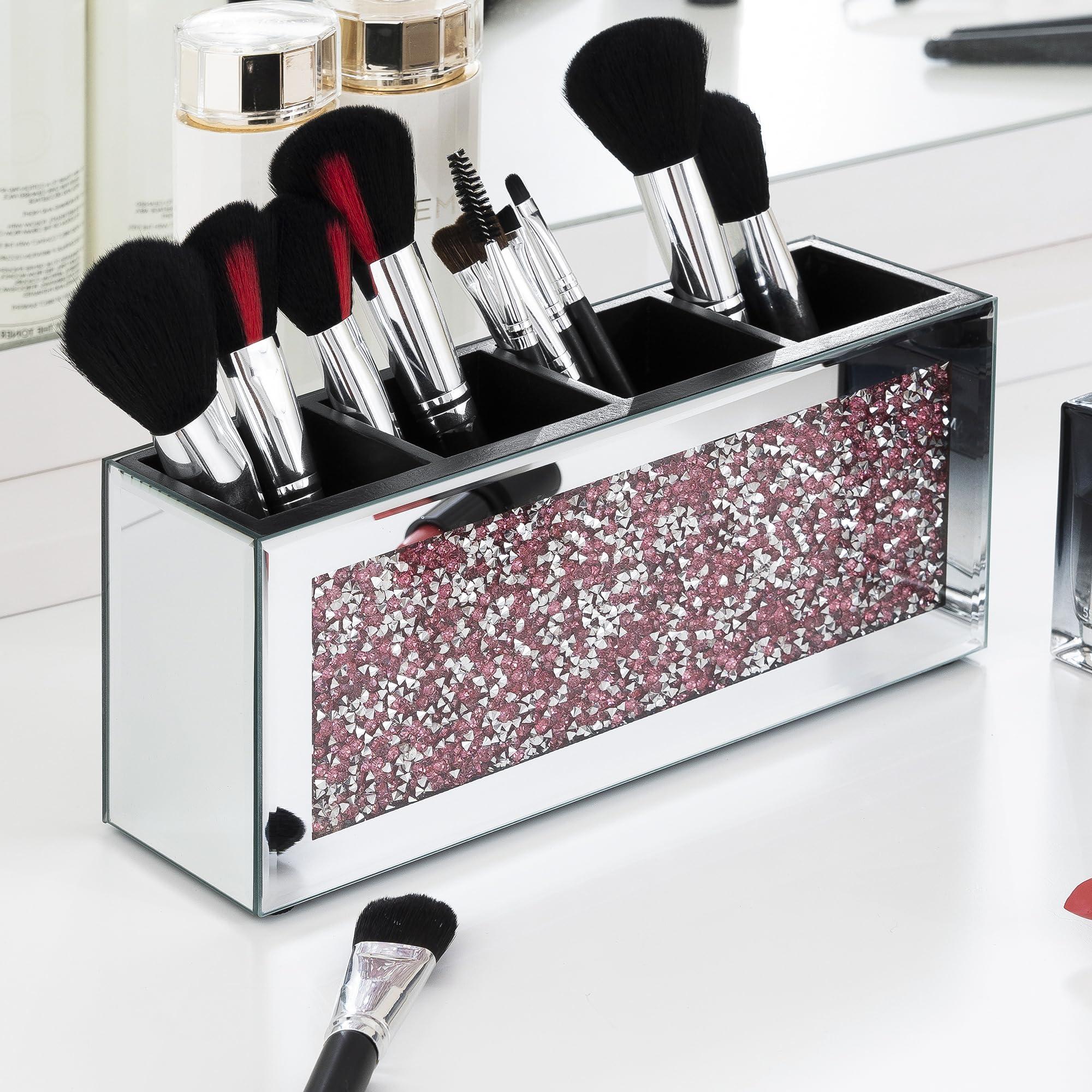 SHYFOY SHYFOY Mirrored Makeup Brush Holder, 4-Compartment Makeup Organizer with Pink Crushed Diamond, Vanity Cosmetics Organizer Solution, Pencil Holder Organizer for Desk