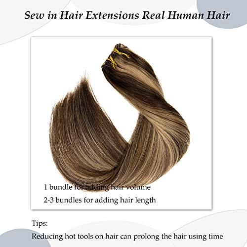 Ubetta Sew in Hair Extensions Real Human Hair,Balayage Weft Hair Extensions Human Hair Dark Brown Highlighted Ash Brown Hair Extensions Human Hair Bundles Hand Tied Weft Hair Extensions Human Hair 22" 120G