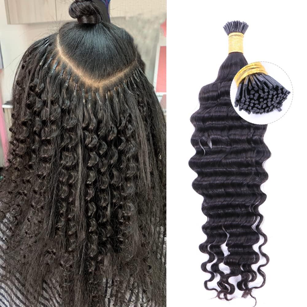 Queen Hair Queen Hair Products Deep Wave I Tip Microlinks Hair Extension Human Hair Brazilian Virgin Hair Bulk I Tip Hair Extensions For Black Women (14inches, I-Tip Hair DW)