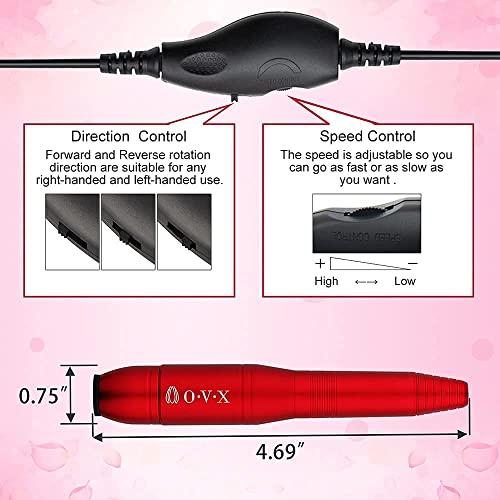 OVX Electric Nail Drill, Professional Portable Nail Drill for Acrylic Nails, Portable Electric Nail File Kit with Nail Drill Bits and Sanding Bands,Manicure Pedicure for Polishing,Nail Removing(Red)