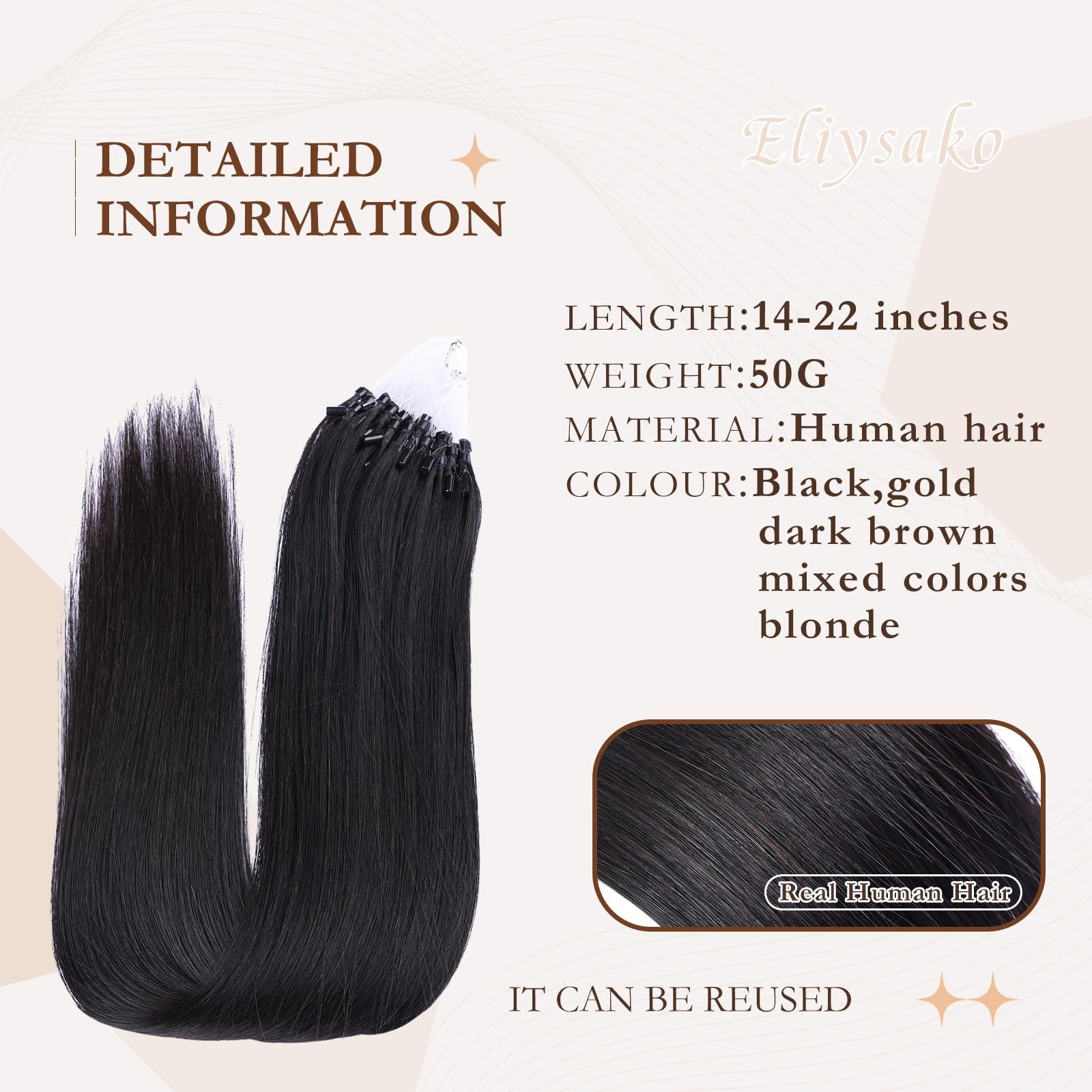 Eliysako Microlink Hair Extensions Human Hair 50g 20inch(#1) Natural Black Micro Link Hair Extensions Human Hair Microbead Hair Extensions Microloop Hair Extensions Human Hair For Women