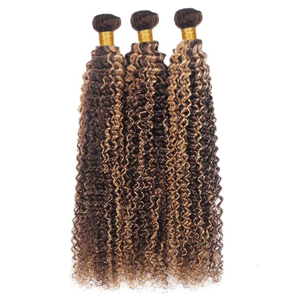 ZevPiul Ombre Curly Bundle Highlight Human Hair Bundles 8A Brazilian Virgin Highlight Curly Human Hair 3 Bundles 12 14 16 Inch Double Weft P4/27 Bundle Honey Blonde Curly Bundles Human Hair Extensions