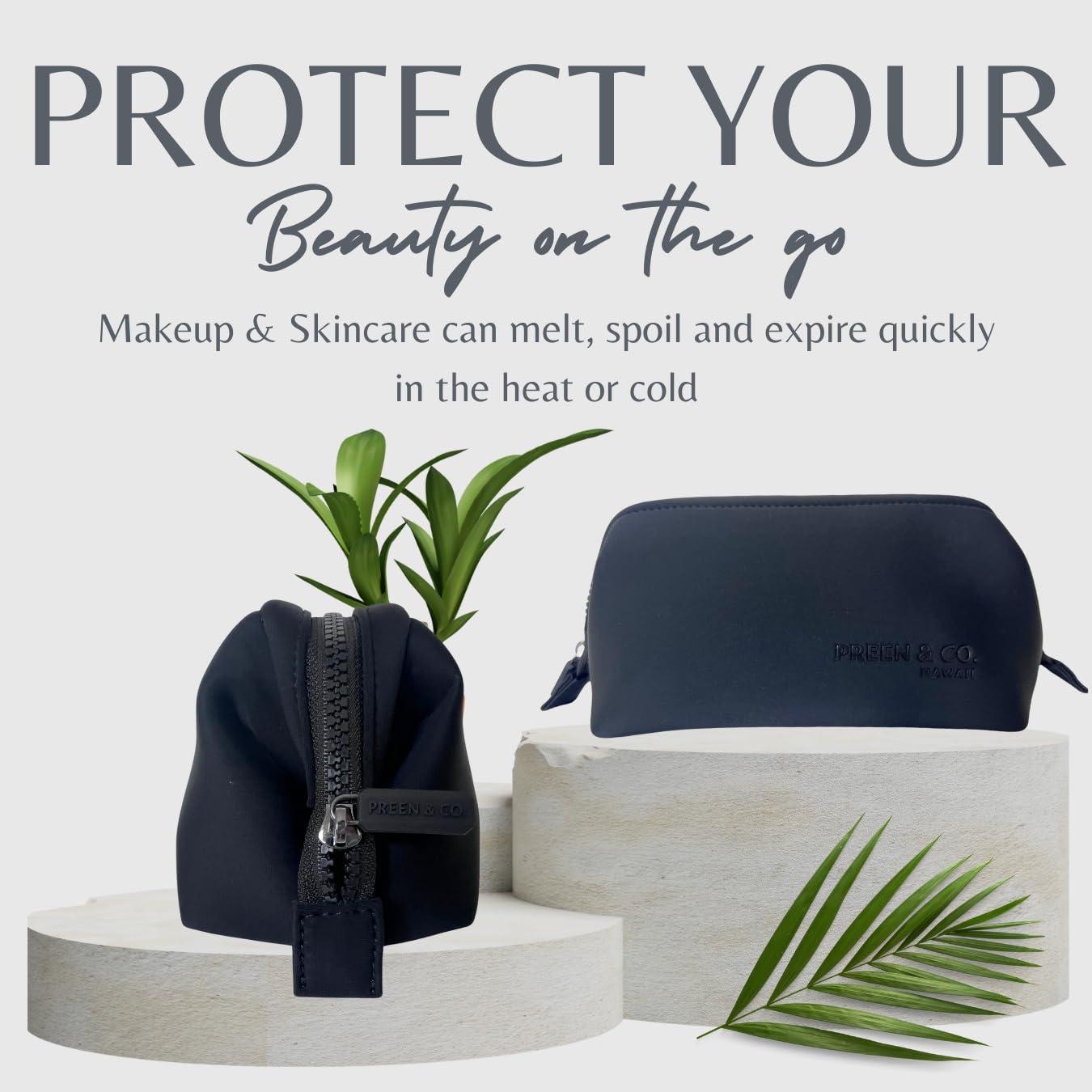 PREEN AND CO HAWAII Small heat-resistant makeup bag, beauty case. Insulated cosmetic bag helps protect makeup from melting, spoiling and expiring quickly. Heat proof makeup bag for car (Case, Black Case)