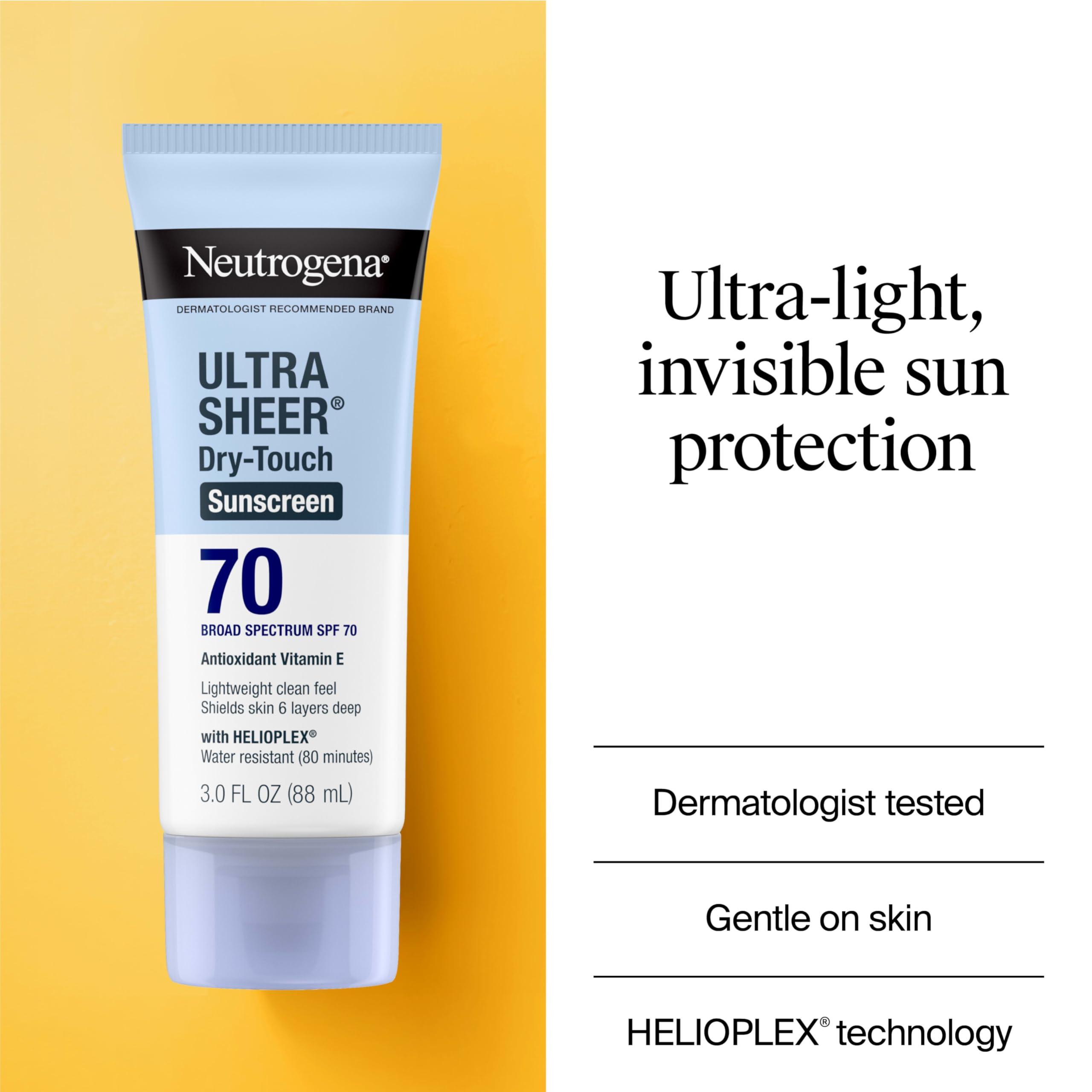 Neutrogena Neutrogena Ultra Sheer Dry-Touch Water Resistant and Non-Greasy Sunscreen Lotion with Broad Spectrum SPF 70, 3 Fl Oz (Pack of 1)