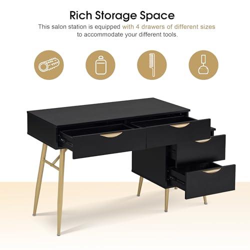 BarberPub BarberPub Salon Spa Station for Hair Stylist, Barber Station with Metal Support Legs and Golden Handles, Wall Mount Styling Cabinet, Beauty Storage Organizer 3174 (Black)