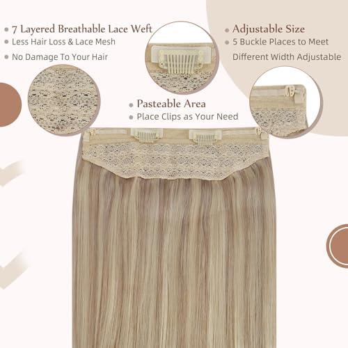 Fshine Fshine Invisible Wire Hair Extensions Real Human Hair Ash Blonde 18 Highlighted Bleach Blonde 613 One Piece Clip in Hair Extensions Soft Remy Human Hair Hidden Wire Human Hair Extension 20Inch 80G