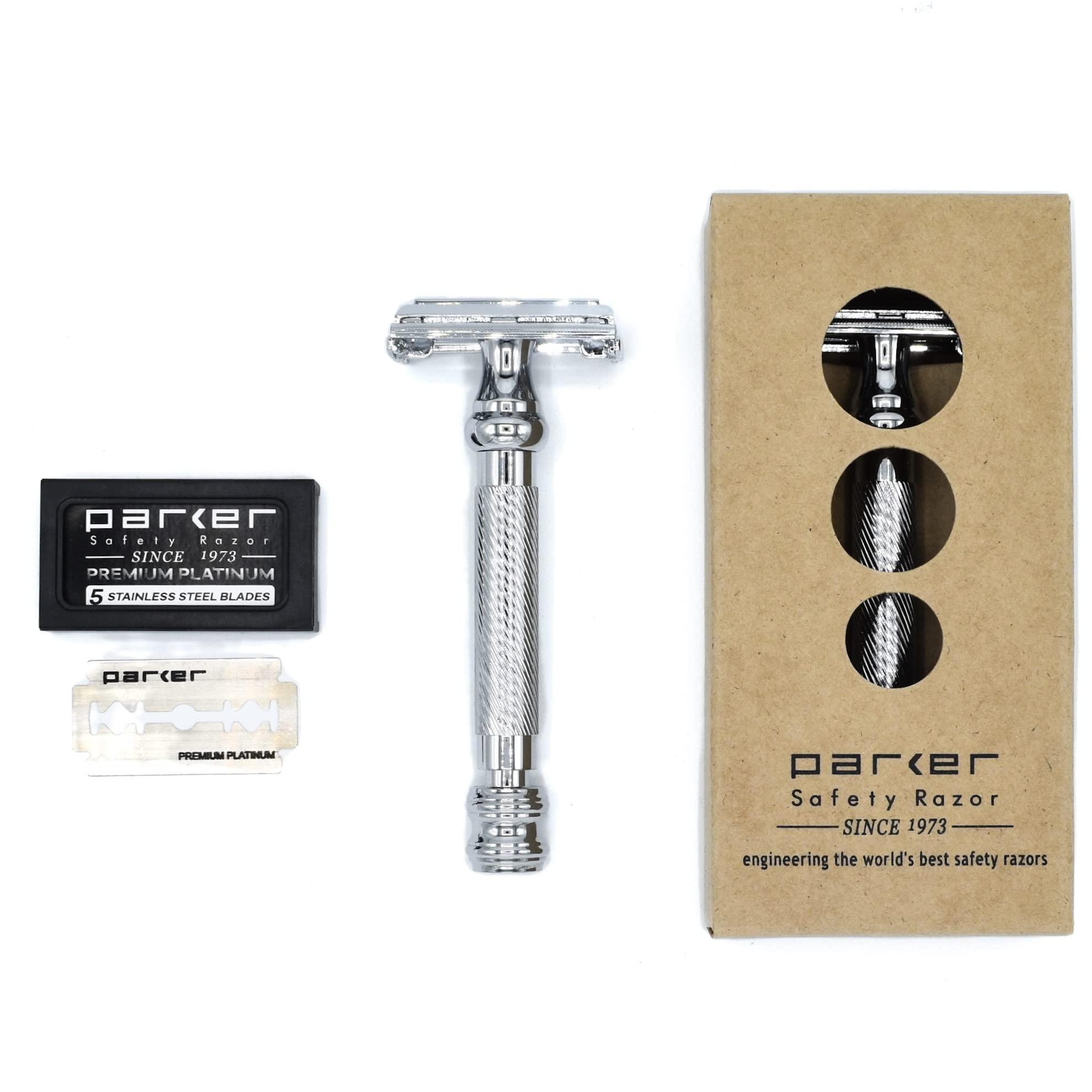 Parker Safety Razor Parker 99R Chrome Long Handle Heavyweight Butterfly Open Double Edge Safety Razor for Men, 5 Parker Premium Platinum Double Edge Razor Blades Included