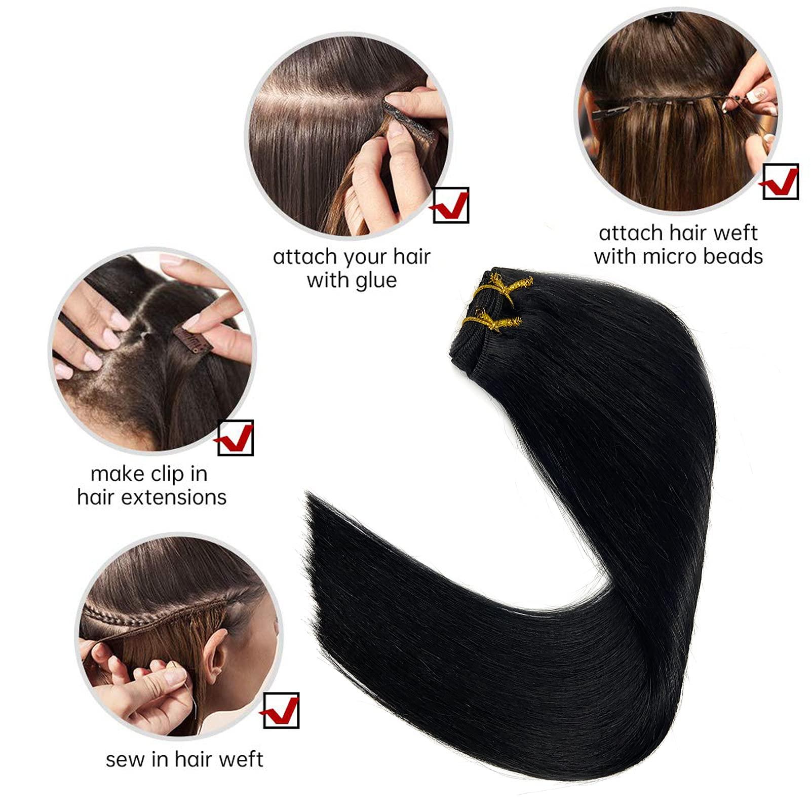 Ubetta Sew in Hair Extensions Real Human Hair, 20 Inch 100G Hand Tied Weft Hair Extensions Human Hair Jet Black Hair Extensions Real Human Hair Weave Bundles Sew in Weft Extensions for Women