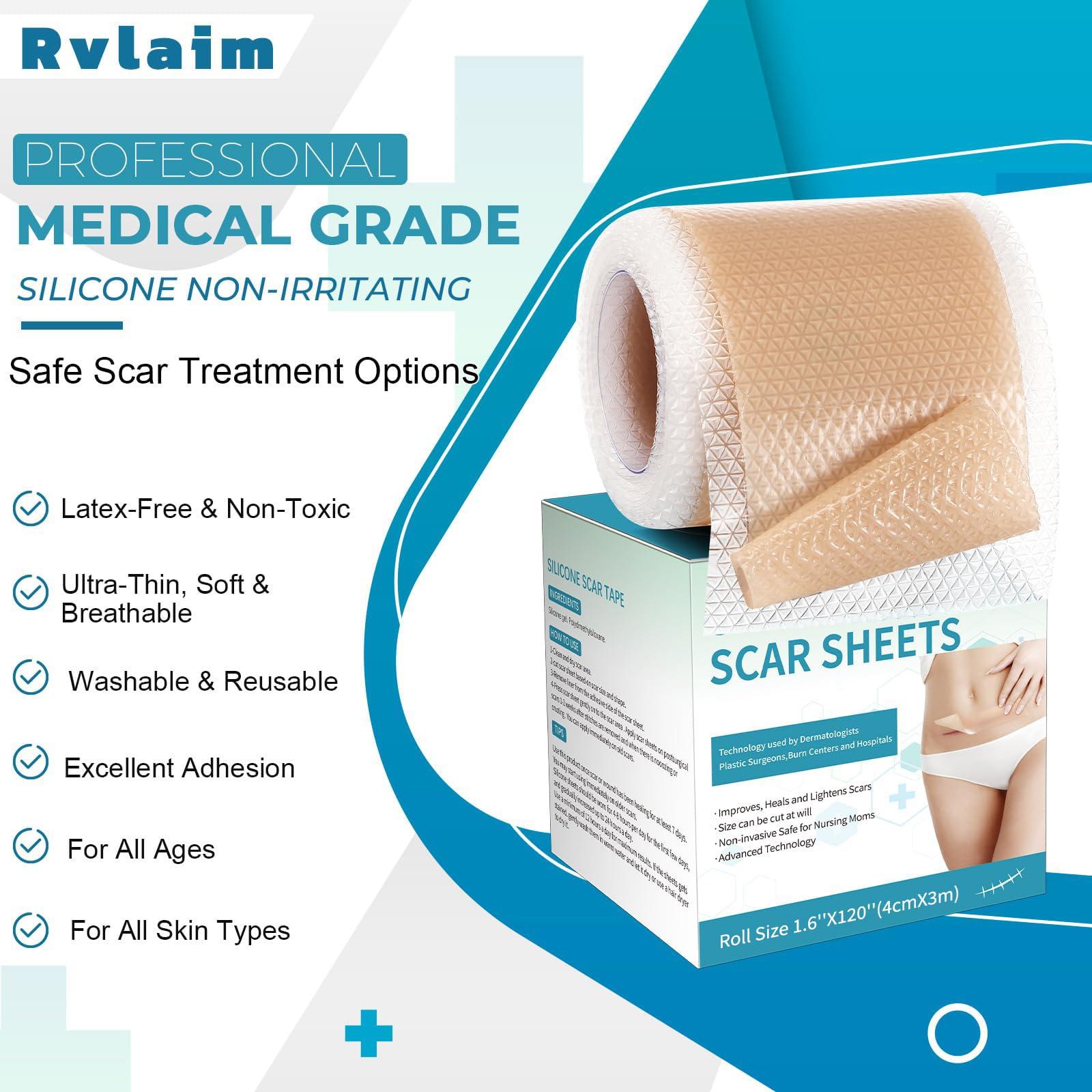 Rvlaim Silicone Scar Sheets, Silicone Scar Tape(1.6x 120 Roll-3M), Silicone Scar Strips, Professional Scar Removal Sheets for Surgical Scars, Keloid, C-Section, Burn et