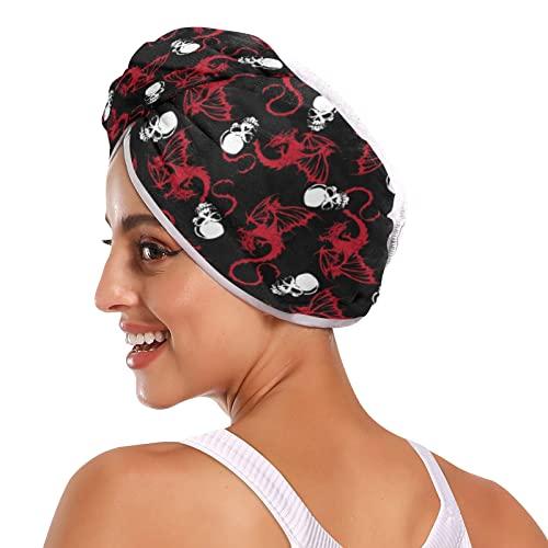 Poeticcity Seamless White Skull and Red Wing Flying Dragon on Dark Black 2 Packs Hair Towel Wrap, Absorbent Turban Bath Hair Towel Hat, Quick Drying Hair Towel with Button for Curly, Long, Thick Hair