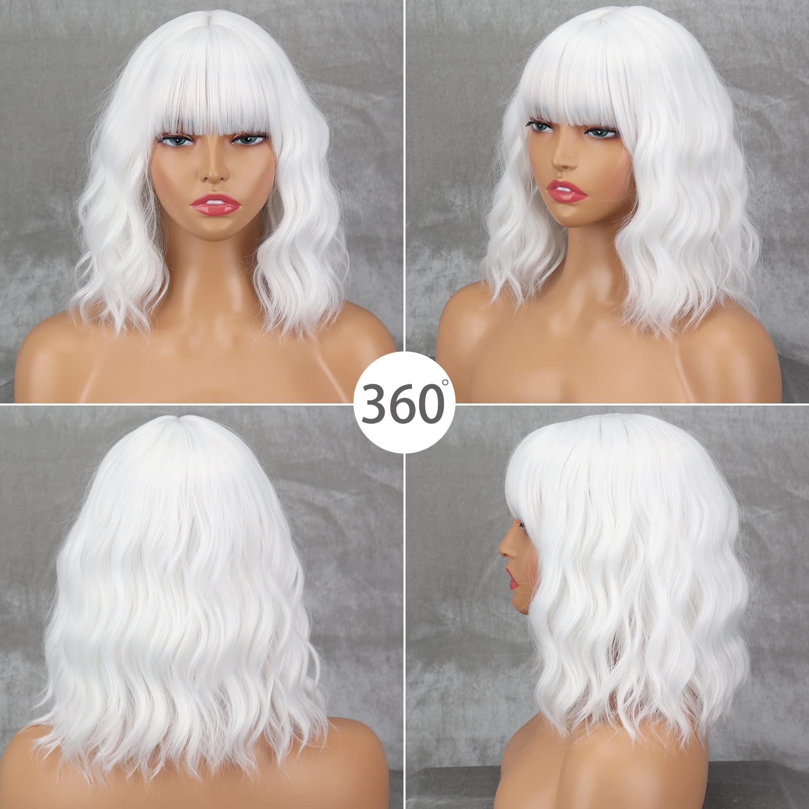 MISSQUEEN MISSQUEEN Short White Wig with Bangs Wavy White Hair Wigs for Women Synthetic Wavy Bob White Shoulder Length Wigs Natural Looking Heat Resistant Fiber Wig for Daily Party Cosplay Use