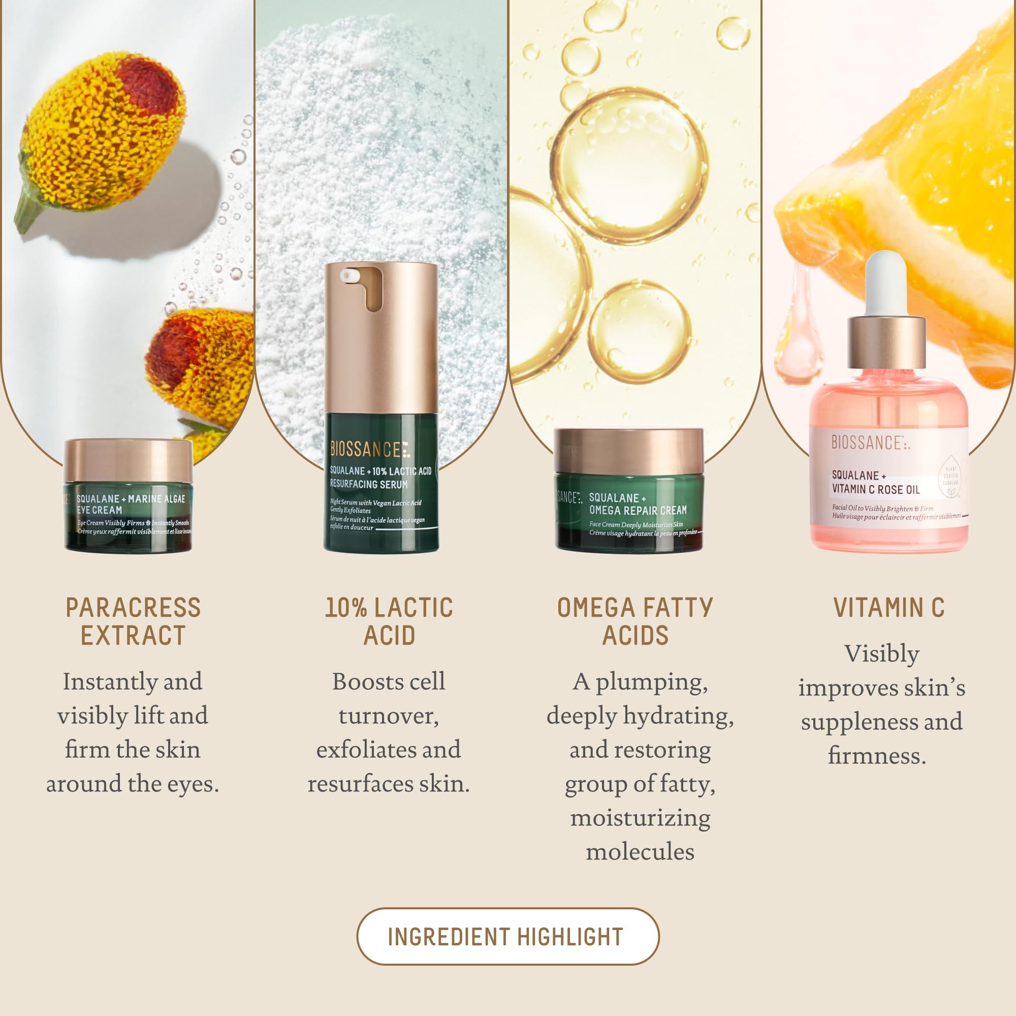 BIOSSANCE Biossance Most Loved + Luminous Skincare Holiday Gift Set, Vitamin C Rose Face Oil, Marine Algae Eye Cream, Omega Repair Face Moisturizer, and Lactic Acid 10% resurfacing face serum, $143 value, 1 Set