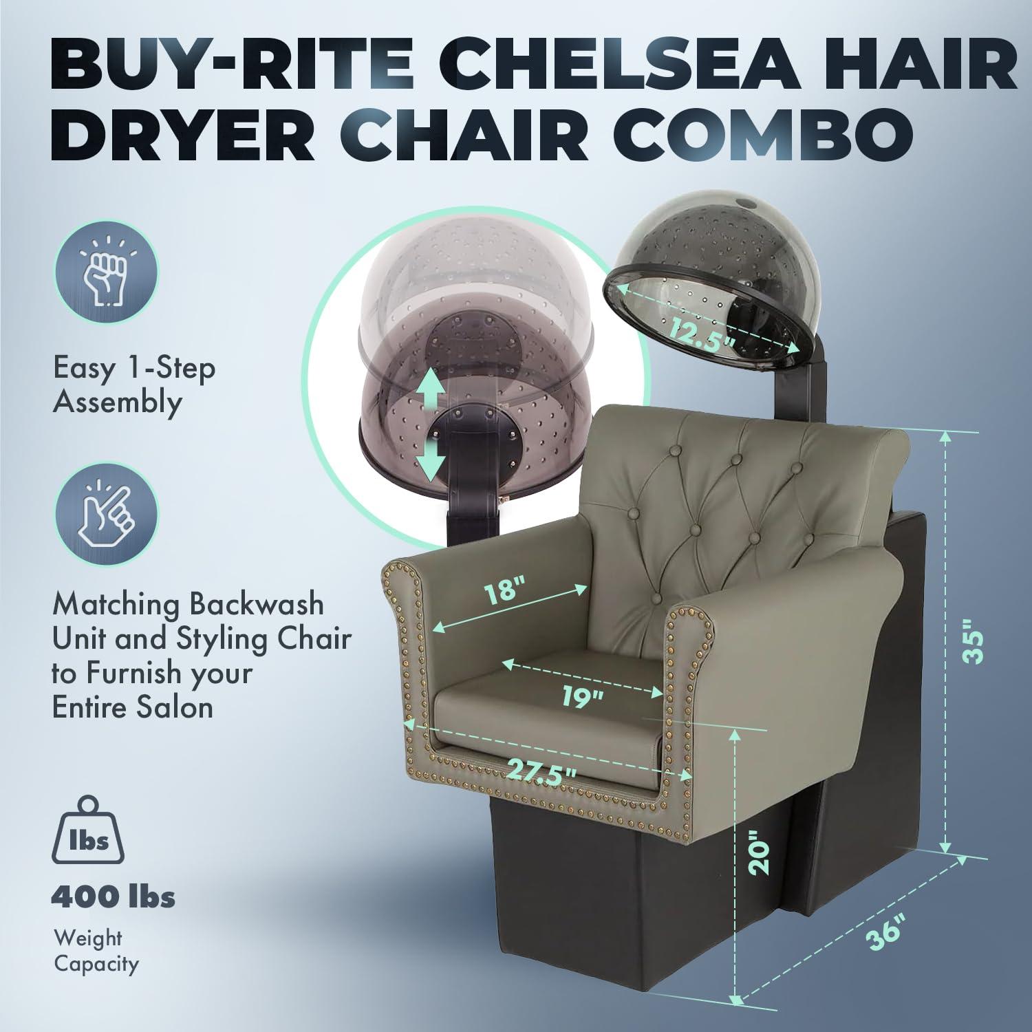 Buy-Rite Salon & Spa Equipment Buy-Rite Chelsea Professional Hair Dryer Chair Combo, Commercial Salon Dryer with 980 Watt Hood, Extra Wide Tufted Chair, Brass Nailhead Trim, NIN-9902DC&HL-1500-GRY (Gray)
