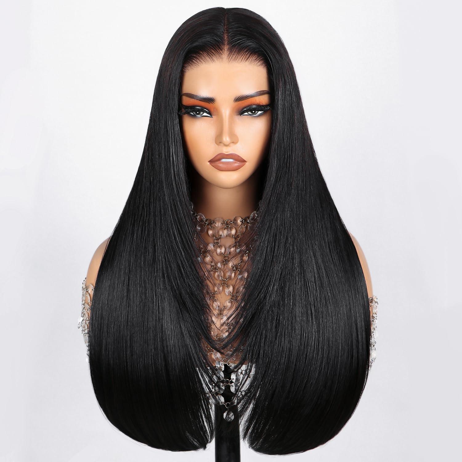 TESLAL TESLAL Blend Wigs Human Hair Glueless Wear and Go Glueless Wigs Human Hair Pre Plucked Pre Cut Layered Wig Straight 6X6 Synthetic and Human Hair Blend Wig 22Inch Black Color 260% Density