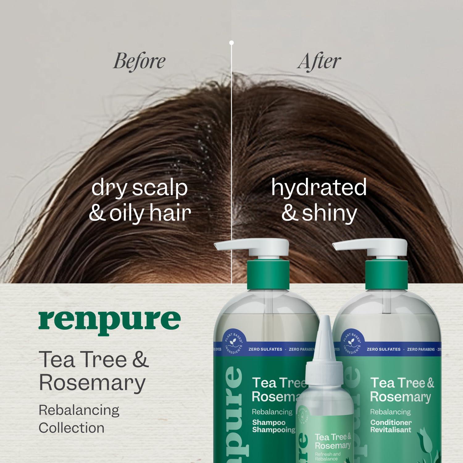 RENPURE Renpure Tea Tree & Rosemary Shampoo & Conditioner Set, Plant Based - Refreshes & Rebalances Hair and Scalp - For Oily/Normal Hair - Tea Tree Leaf Oil, Rosemary Leaf Extract - 24 Fl Oz each, 2 Pack