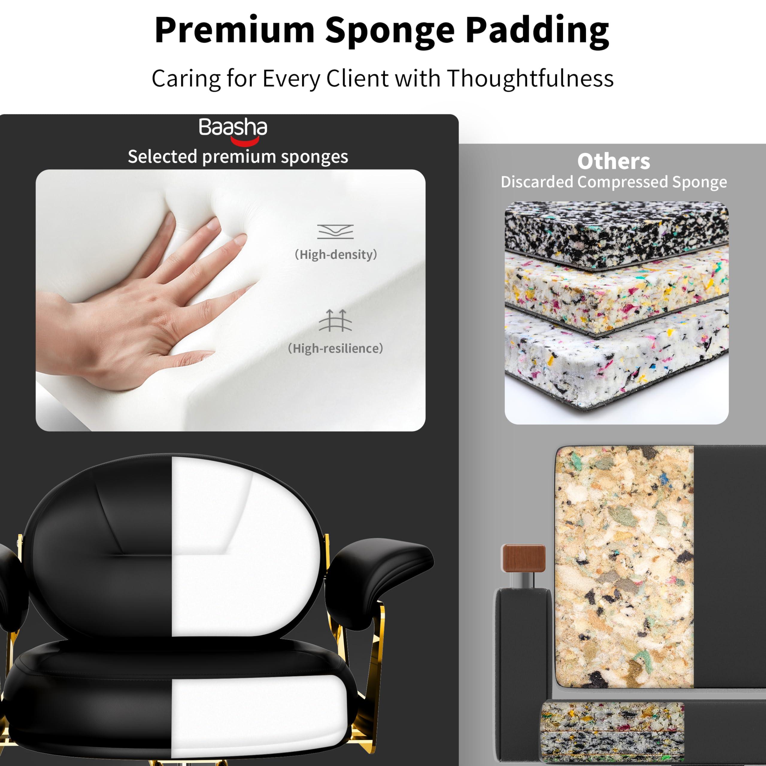 Baasha Baasha Comfortable Black and Gold Salon Chair with Memory Cushion, Professional Stylist Chairs with Wide Seat & Padded Armrest, 360 Swivel Styling Chairs, Weight Capacity Up to 440 lbs