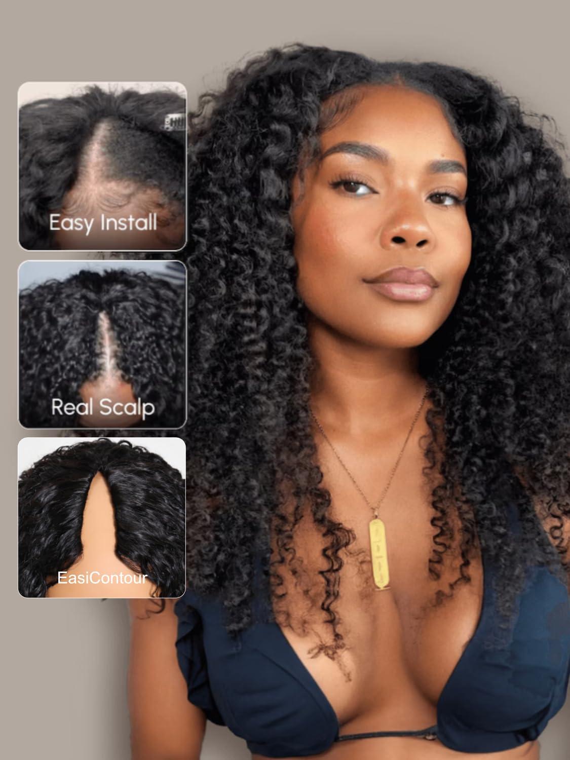 Sunber Sunber EasiContour V Part Wigs Human Hair Kinky Curly Upgrade Glueless U Part Human Hair Wig V Part Kinky Curly No Leave Out No Gel Beginner Friendly Clip in Vpart Wig 150% Density 14Inch