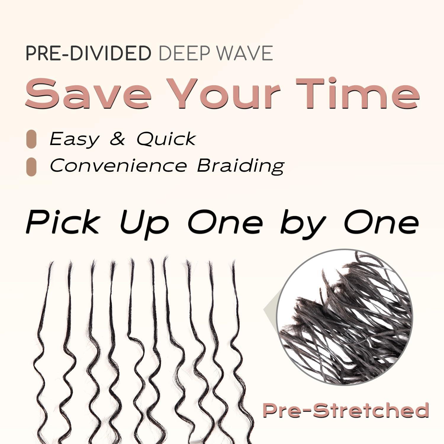 BLL Pre-Divided Deep Wave Human Braiding Hair for Boho Braids Bulk Hair Pre-streached Human Braiding Hair Deep Wave For Black Women (Natural Black, 16 Inch - 320 Roots)