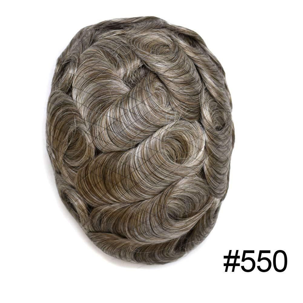Generic Toupee for Men Human Hair Replacement Systems Full French Lace Mens Toupee Hairpieces Bleached Knots Swiss lace Hair Systems for Men All Lace Male Wig Unit(7X9\"-120% density#550 Medium Light Brown with 50% Gray )