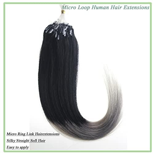 Yotty Yotty Micro Ring Hair Extensions Black Ombre Gray Colors Remy Micro Beads Link Human Hair Extensions Micro Loop Ombre Hair 16inch 100strands per Pack