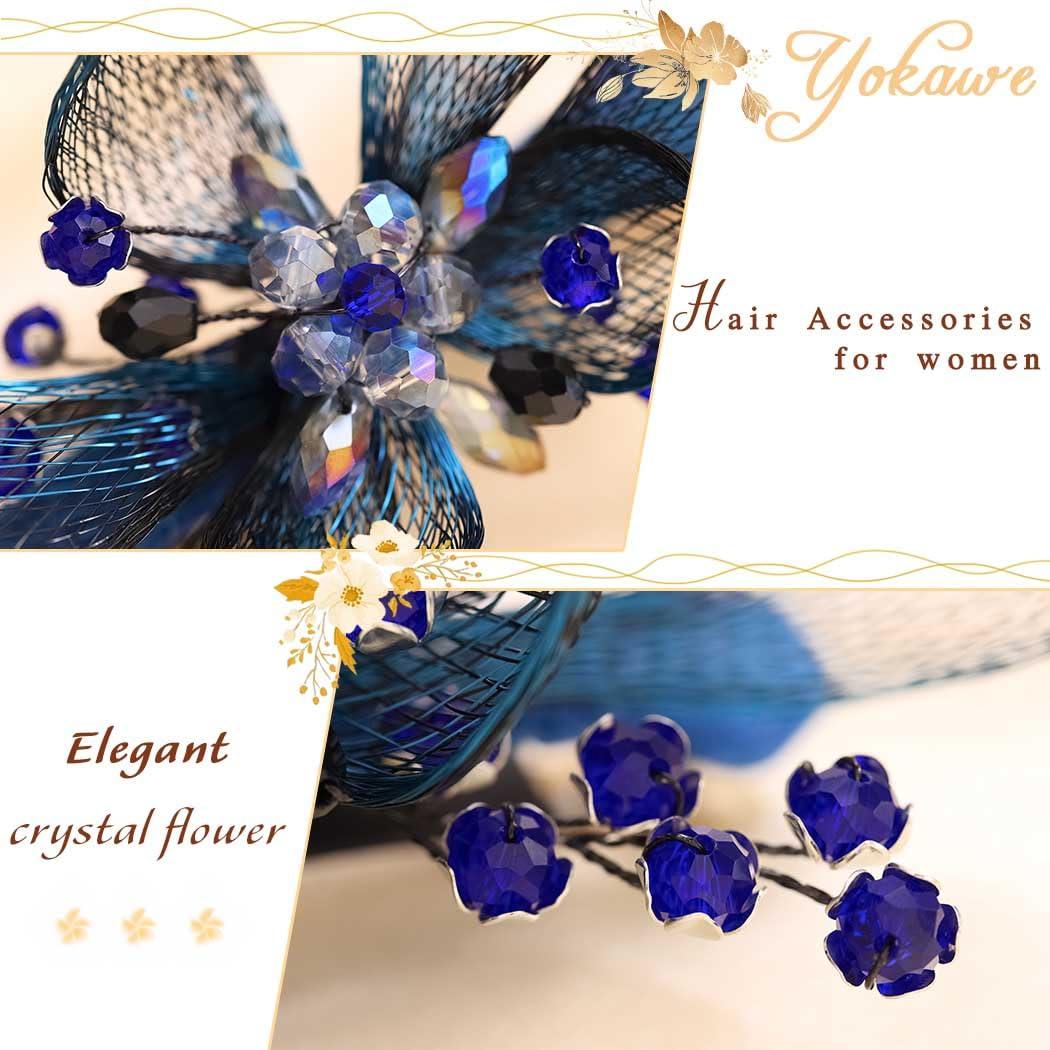 Yokawe Yokawe Flower Hair Barrettes Bride Wedding Hair Clips Blue Crystal Hairpin Floral Prom Hair Accessories for Women Girls (A)
