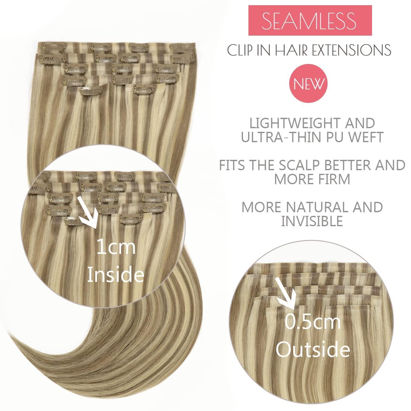 Loxxy Loxxy Glam Seamless Clip in Hair Extensions Double Thin PU Weft 100% Remy Hair Extensions Clip in Human Hair 20Inch Piano Light Brown Mixed With Platinum Blonde #P8/60 110Gram 7PCS Full Head