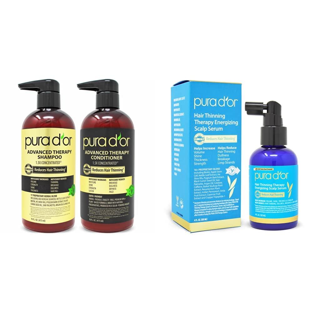 PURA D'OR PURA D\'OR Anti-Thinning Advanced Therapy Biotin Shampoo & Conditioner Hair Care Set, Clinically Proven, DHT Blocker Hair Thickening Products For Women & Men, Natural Daily Routine Shampoo, 16oz x 2 and PURA D\'OR Scalp Therapy Energizing Scalp Serum