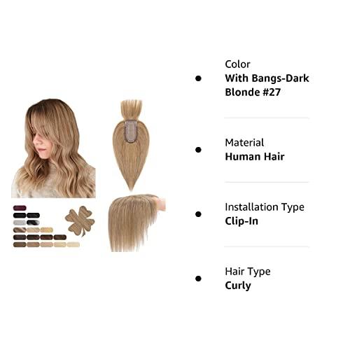 Benehair Benehair Clip in Hair Topper with Bangs Secret Topper Wiglet 100% Human Hair Clip in Top Hairpieces Fringe Bang Replacement Wiglet for Womem with Thinning Hair #27 Dark Blonde 10inch 33g