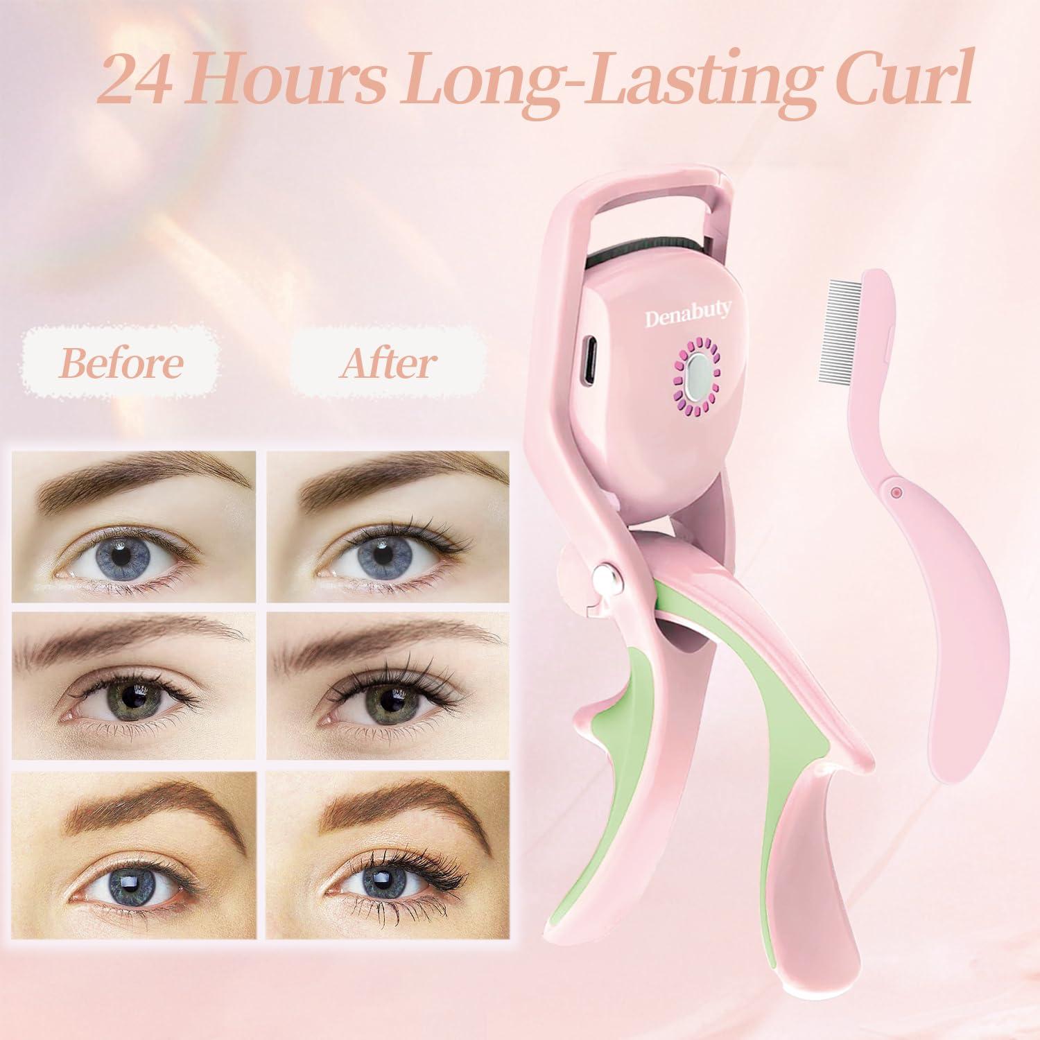 Denabuty Denabuty Heated Eyelash Curlers, Rapid Heated Lash Curler Electric Quick Natural Curling for Long Lasting with Sensing Heating Silicone Pad, 3 Tempreture Setting & USB Rechargeable, Pink