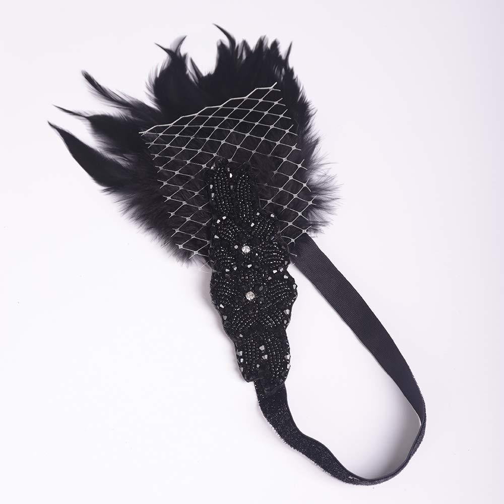 Aimimier Aimimier 1920s Flapper Feather Headband with Veil Black Beaded Sequined Costume Headpiece with Elastic Band Carnival Party Roaring Hair Accessories