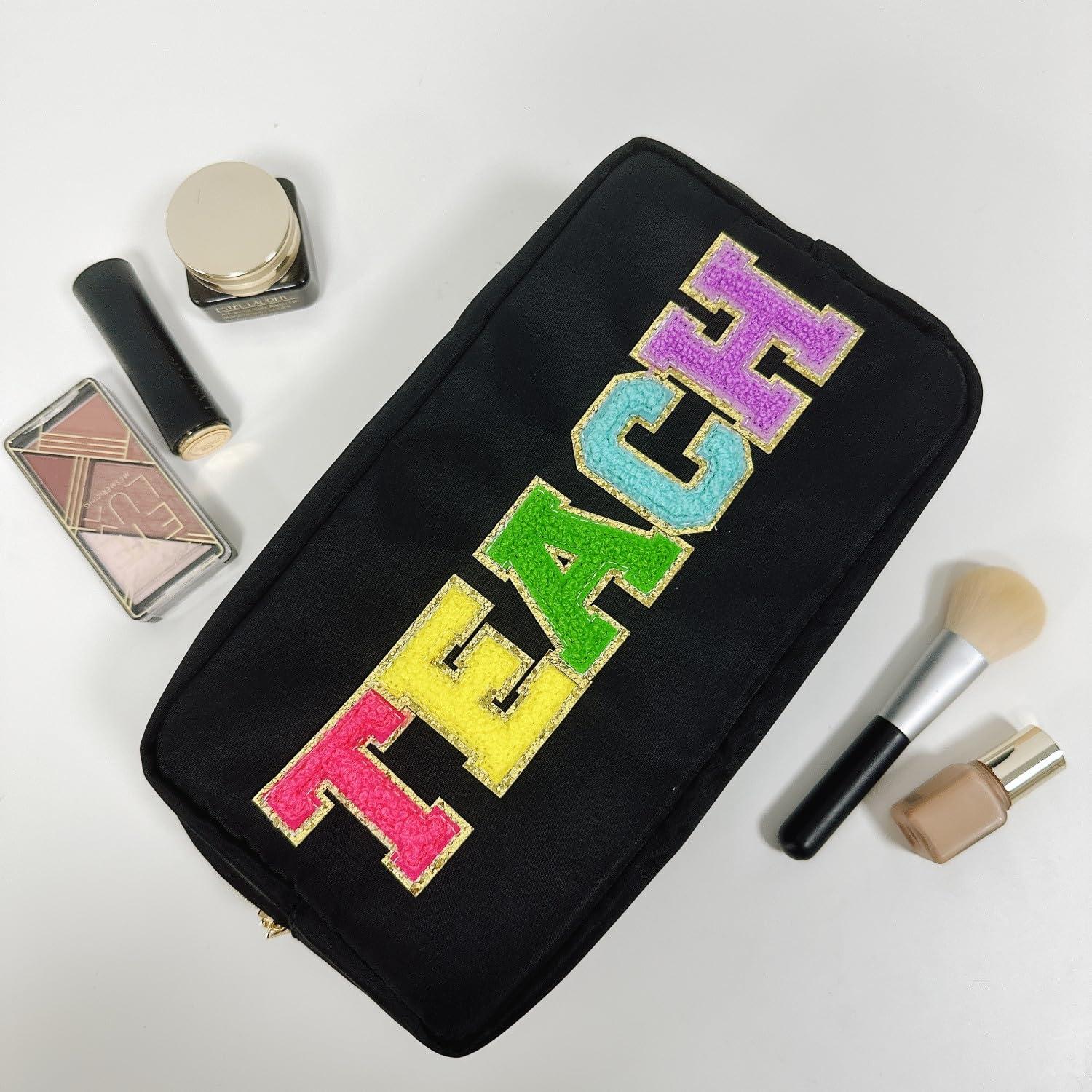 cqoogrlx cqoogrlx Teacher Appreciation Gifts Letter Patch Nylon Makeup Bag Pencil Bag Chenille Varsity Letter Patches Makeup Zipper Pouch Retirement Birthday Teacher Gifts for Women(Teach-black)